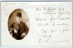 c1908 Niagara Falls / Buffalo NY RPPC Man Travel Letter Real Photo Postcard A123