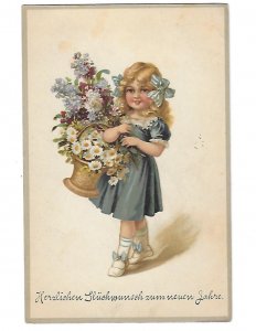 Adorable Little Girl Carrying Basket of Flowers Greeting is in German