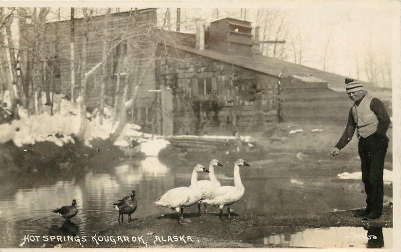 c1910 RPPC Man Feeds Swans at  Pilgrim Hot Springs Kougarok AK Dobbs Photo