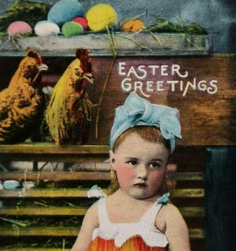 Easter Postcard RPPC Real Photo Rooster Farmer Girl Pastel Cedar Falls Iowa 1909