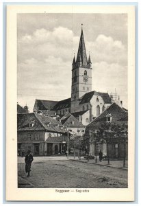 c1950's Clock Tower Saggasse Sag Street Sibiu Hermannstadt Romania Postcard