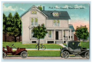 c1910's Park View Hospital Bicycle Cars Manchester Iowa IA Antique Postcard