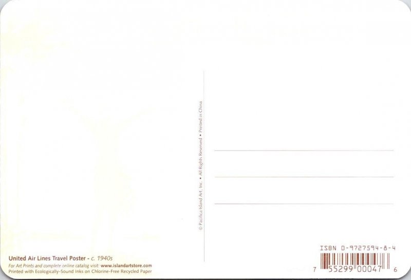 REPRO 4X6 Postcard UNITED AIR LINES ca1940's Hawaii Travel Poster AVIATION