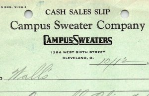 1937 CAMPUS SWEATER COMPANY CLEVELAND OH WALLS ORRVILLE BILLHEAD CASH SLIP Z3536