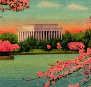 Vtg Linen Postcard Washington DC Lincoln Memorial Potomac River Cherry Blossoms