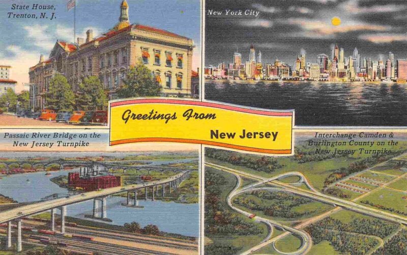 Greetings From New Jersey State House Turnpike New York City View linen postcard