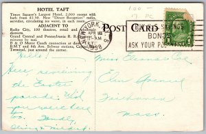 Vtg New York City NY Hotel Taft Lobby Grill Tap Room Coffee Shop 1930s Postcard