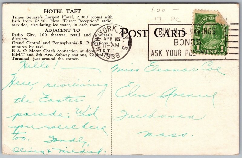 Vtg New York City NY Hotel Taft Lobby Grill Tap Room Coffee Shop 1930s Postcard