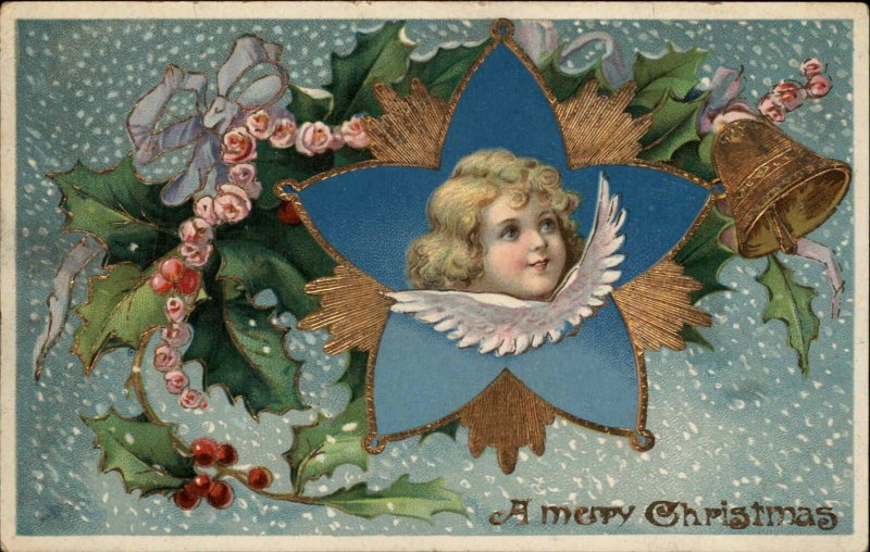 Christmas - Cherub Face Holly Gold Finish c1910 GEL COATING Postcard