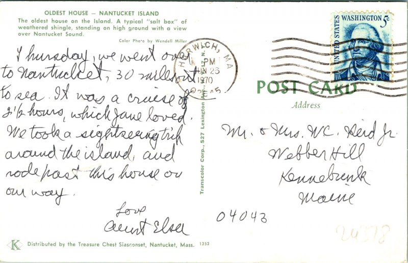 Nantucket Island MA Oldest House Postcard used (24378)