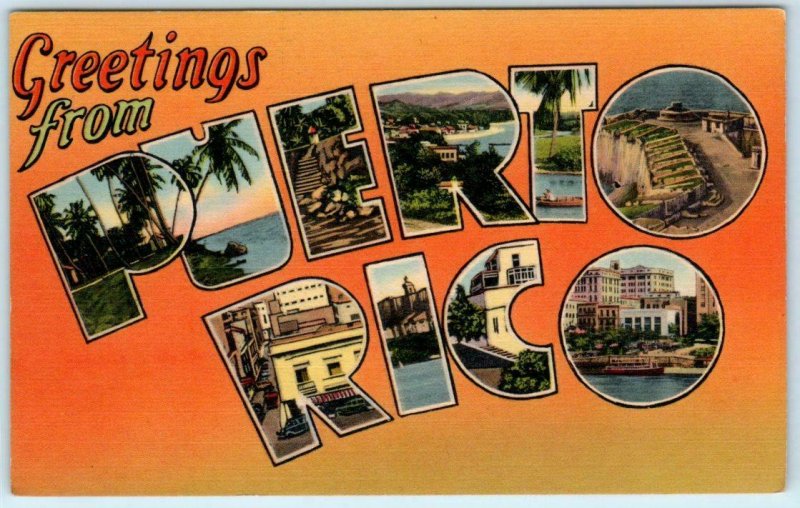 Large Letter Linen PUERTO RICO ca 1940s Isle of Enchantment Tichnor  Postcard