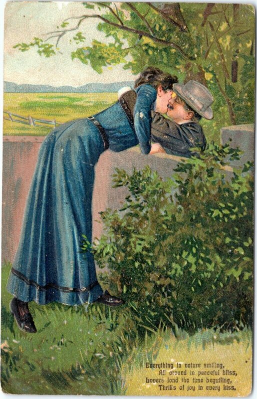 postcard Couple Kissing over fence - poem - Finkenrath embossed posted 1908