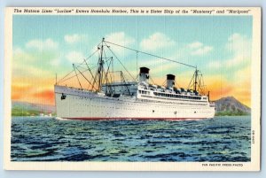 Honolulu Hawaii Postcard Matson Liner Lurline Harbor Sister Ship c1940 Vintage