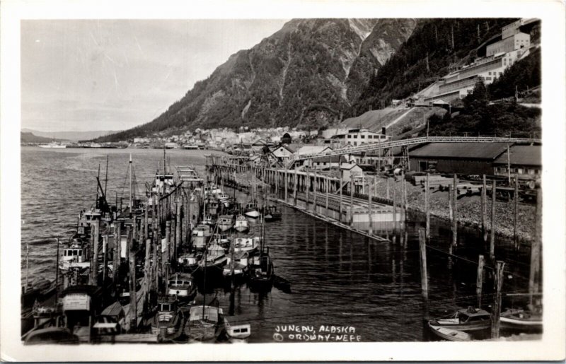 RPPC Real Photo Postcard AK Juneau Harbor Fishing Boats Sailboats 1940s S73