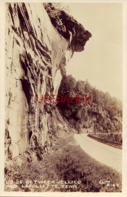 US 25 BETWEEN JELLICO AND LAFOLLETTE, TN RPPC Cline Photo R - 63 1940's era auto