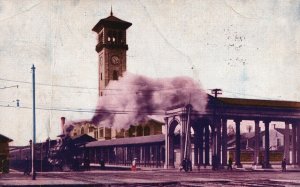 Vintage Postcard 1908 Smoke Velching Train Church Building Railway Station