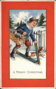 Whitney Christmas Little Boy with Dog on Scooter Vintage Postcard