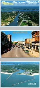 3 Postcards MANISTEE, MI ~ Aerial View DOWNTOWN STREET SCENE Harbor  4x6