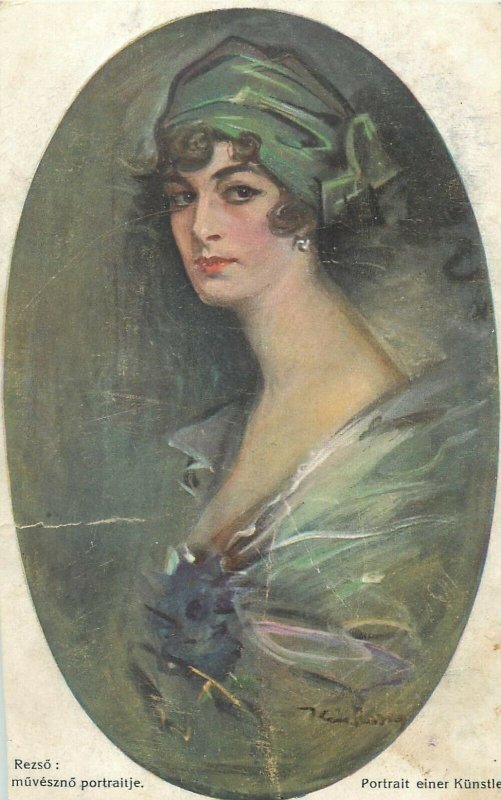 Reszo portrait einer Kunstler early postcard glamour woman green wimpel