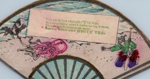 1870s Die-Cut Fan Japan Tea Syndicate Octopus Attacking Bird Yokohama F189