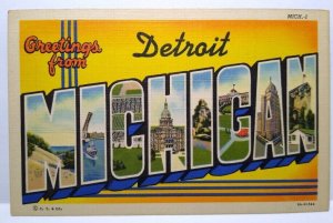 Greetings From Detroit Michigan Large Letter Postcard Linen Curt Teich Unused