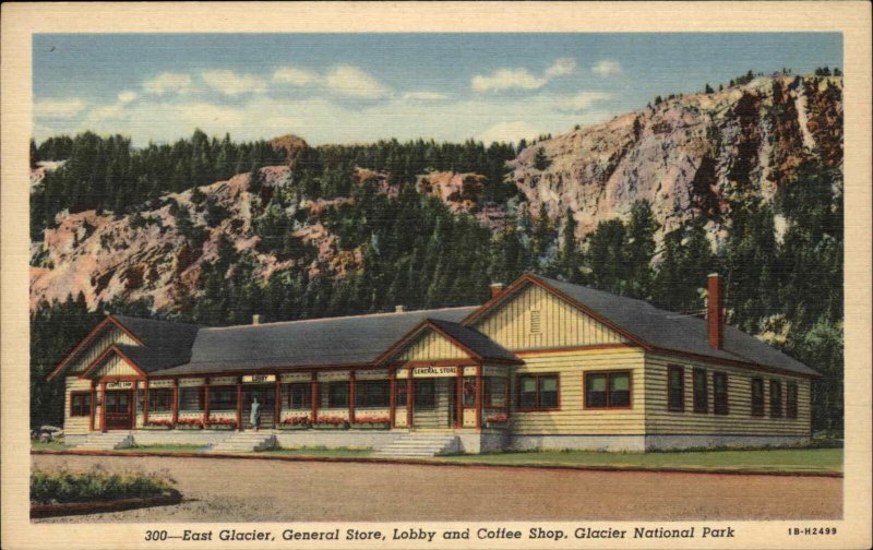 Glacier National Park Montana MT General Store Lobby Coffee Shop Linen Postcard