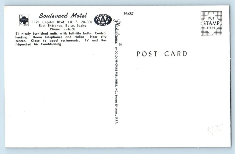 Boise Idaho ID Postcard Boulevard Motel Capitol Blvd. Exterior View Field c1960