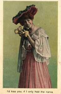Vintage Postcard Woman Dressed Up in Dress I'd Kiss You, If I Had The Nerve