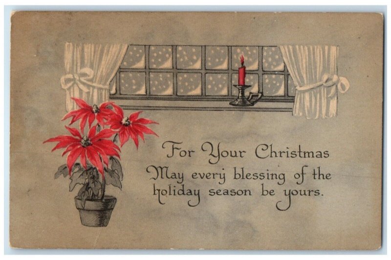 1920 Christmas Poinsettia Flowers In Pot Window Candle Madison Lake MN Postcard