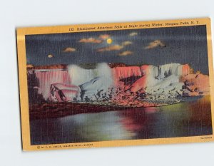 Postcard Illuminated American Falls at Night during Winter Niagara Falls NY USA