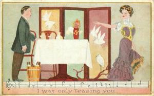 Art 1909 Music woman teasing interior Postcard Artist Impression 1317