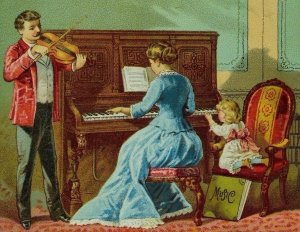 Victorian Trade Card Lady Playing Piano Man With Violin Little Girl In Chair F86