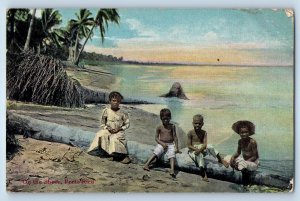 Puerto Rico Postcard On the Shore Four Kids Sitting 1910 Antique Tuck Art