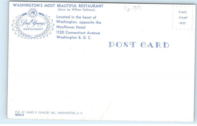 *Paul Young's Restaurant 1120 Connecticut Ave Washington DC Vintage Postcard A61