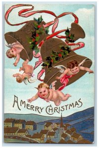 1910 A Merry Christmas Angels Cherub Bare Butt Holly Bells Embossed Postcard