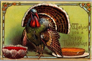 Thanksgiving Turkey Cranberries Pumpkin Pie Embossed c1908 Vintage Postcard V22
