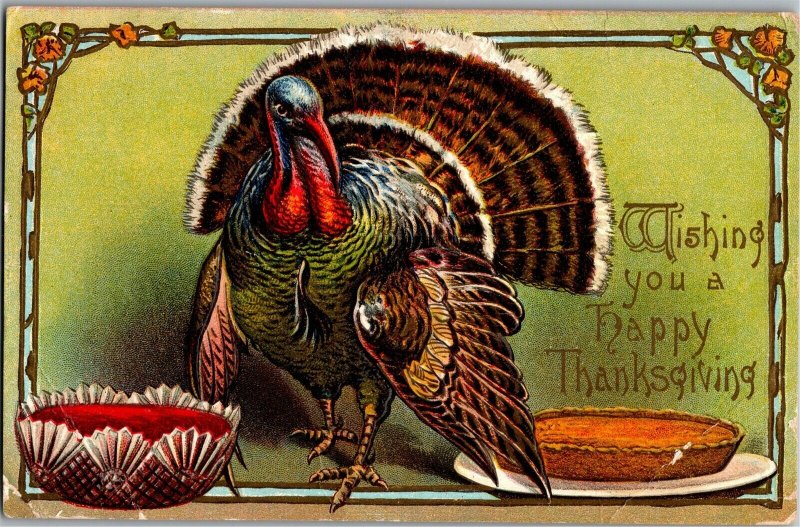 Thanksgiving Turkey Cranberries Pumpkin Pie Embossed c1908 Vintage Postcard V22