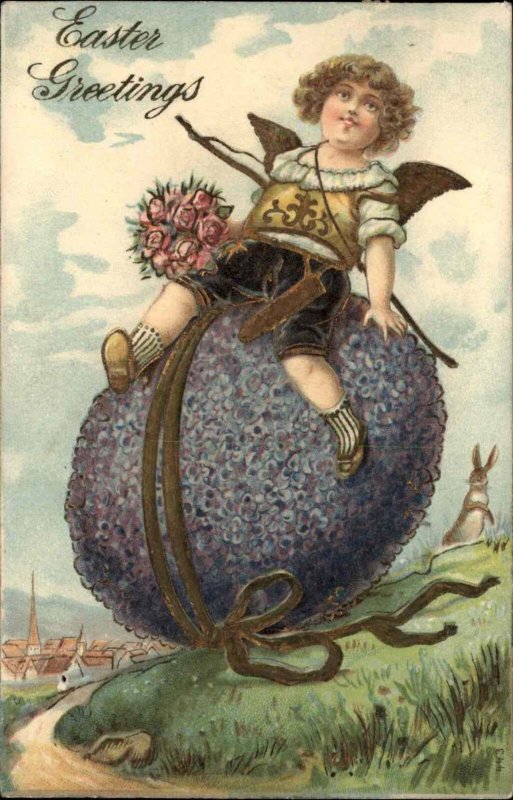 Easter Fantasy Little Boy Fairy Cupid Arrow and Quiver Giant Egg c1910 Postcard