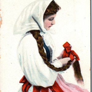 c1910s Blekinge, Sweden Cute Girl Traditional Dress Pigtail Braid Hair Folk A351