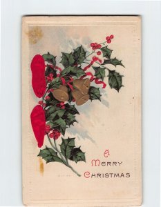 Postcard A Merry Christmas with Hollies Flowers Bells Art Print