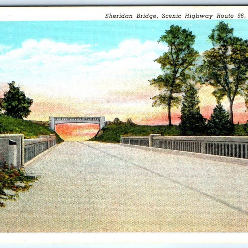 c1940s Nauvoo, ILL Sheridan Bridge Scenic Route Hwy 96 Sunset Linen PC IL A272