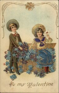 Valentine - Fancy Children Basket of Flowers Blue Foil Dress c1910 Postcard 