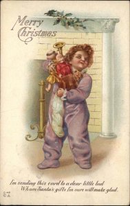 Christmas Little Boy Stocking Stuffed Bear Dolls Toy Horn c1910 Vintage Postcard