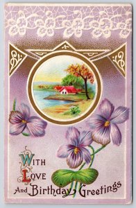 With Love And Birthday Greetings Violets Landscape Embossed Border Postcard