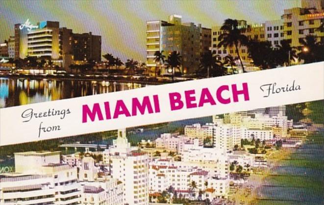 Florida Greetings From Miami Beach Showing Skyline and Hotel Row Along The Beach