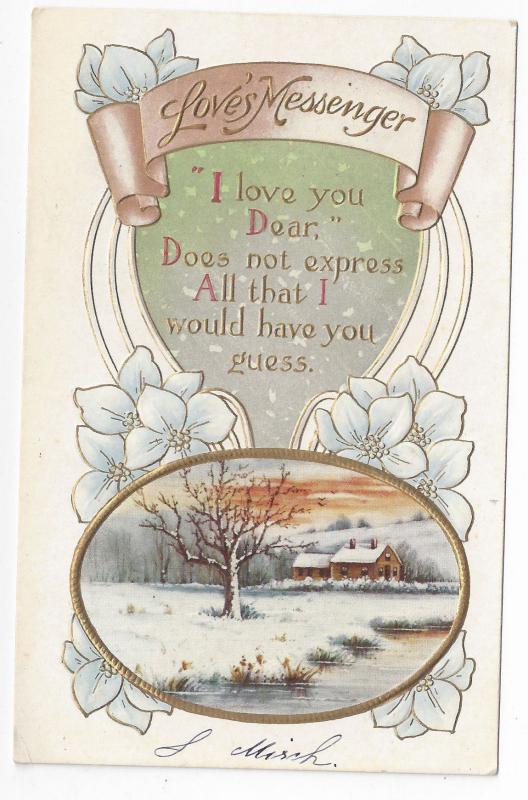Valentine Postcard Loves Messenger Cottage Scene Vntg. Gold Embossed Motto
