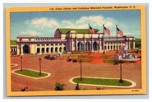 Vintage 1930's Postcard Union Station & Columbus Memorial Fountain Washington DC