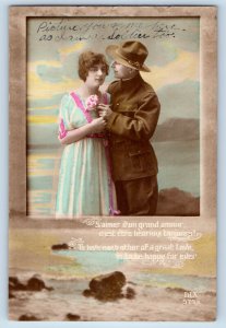 WWI RPPC Photo US Army Military Couple Romance With Flowers 1919 Antique Posted