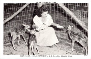 Coloma MI Michigan DEER FOREST~PAW PAW LAKES Woman Bottle Feeding Fawns Postcard