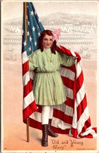 Postcard Young Girl Wrapped in an American Flag Old and Young Glory